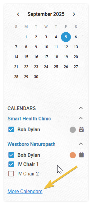 How to access more calendars.  Shows the left sidebar panel of the calendar with an arrow pointing towards the more calendars link. 